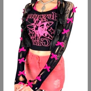 Black and Pink Rose Fishnet Bow Shrug